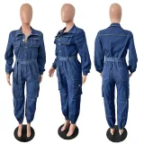 Waist collection, multiple pockets, elastic waist, denim workwear jumpsuit