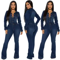 Slim fit elastic bell mouth washed long sleeved denim jumpsuit jumpsuit