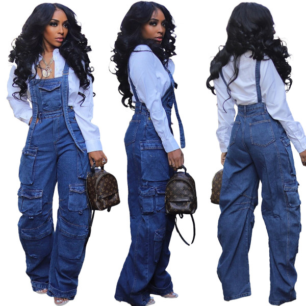 Washed denim loose multi pocket jumpsuit with shoulder straps