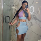 V-neck hollow lace up short skirt with patchwork color fashionable two-piece set