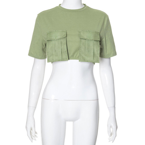 Round neck short sleeved workwear pocket ultra short T-shirt top