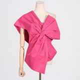 Solid color asymmetrical collar bow decoration patchwork top