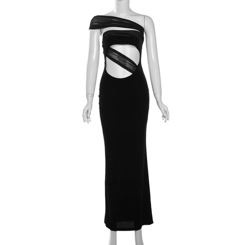 Spliced sloping shoulder strapless backless sexy slim fit dress