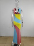 Sleeveless tight fitting color blocking long skirt with hanging neck print dress