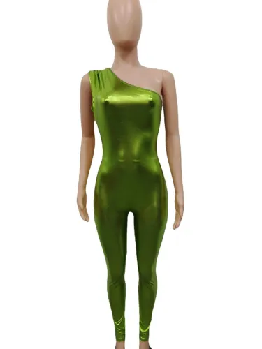 Sexy single-sided solid color pleated suspender small foot jumpsuit leather pants