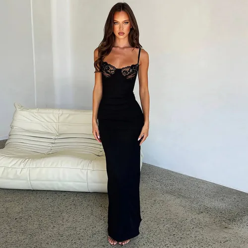 Lace patchwork suspender long dress, sexy slim fit dress