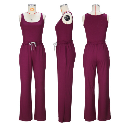 Casual two-piece set with vest, pants, waistband, and drawstring