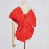 Solid color asymmetrical collar bow decoration patchwork top