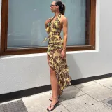 Sexy deep V-neck hanging floral irregular dress