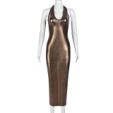 Neck tied dress, sexy chest wrap, metallic hollow out one step skirt