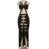Hollow wrap chest, open back, high waist, slim fit, slit dress, long skirt