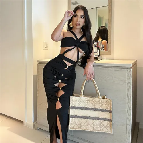 Hollow wrap chest, open back, high waist, slim fit, slit dress, long skirt