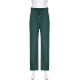 Color blocking zipper long sleeved short jacket+high waisted straight leg pants two-piece set