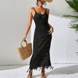 Slim fitting fringe beach skirt sleeveless knitted V-neck dress