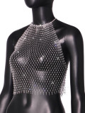 Fishing net water diamond sleeveless neck hanging women's backless vest