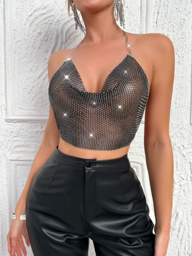 Slim fit black solid color sparkling diamond fishing net small sling