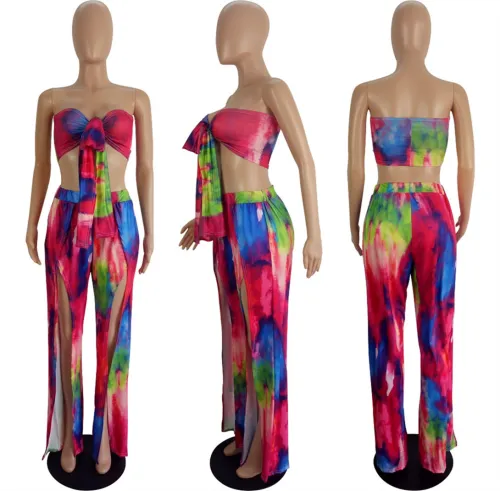 Sexy Chest Wrap Tie Up Trouser Hem Split Print Two Piece Set