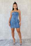 Sexy strapless wash button elastic denim dress