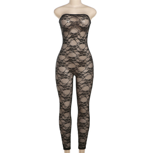 One line neckline sexy backless lace slim fit jumpsuit