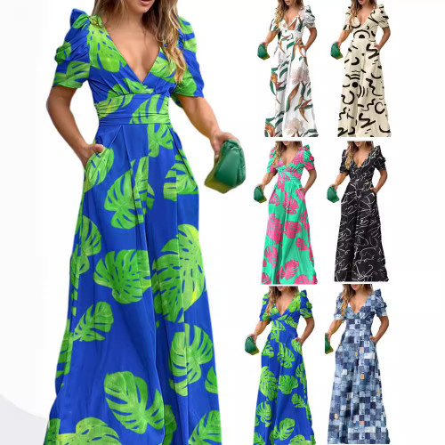 Printed V-neck waistband long skirt short sleeved dress