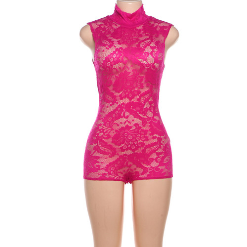 Sexy Lace Jacquard Perspective Tight Shorts jumpsuit