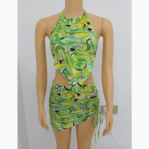 Abstract printed short skirt+strap vest 2-piece set
