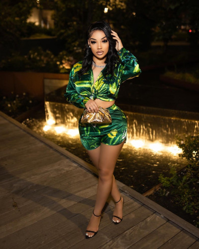 Sexy shirt casual high-end green print 2-piece set