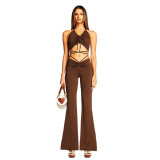 Lace up neck exposed navel top pleated micro flared pants set