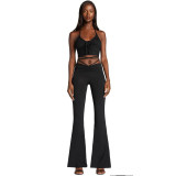 Lace up neck exposed navel top pleated micro flared pants set