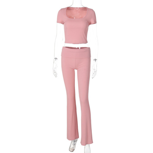 Casual short sleeved top slim fit solid color pants set
