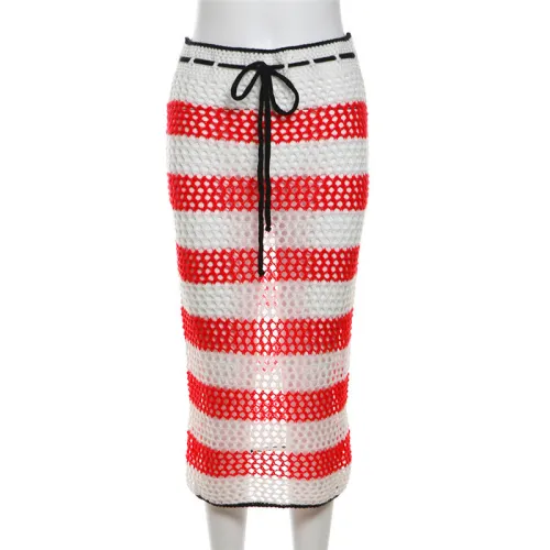 High waisted slim fit hollow out color blocking knitted lace up skirt