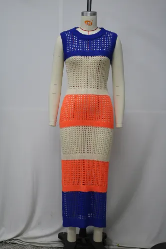 Perspective knitted mesh split contrasting color dress