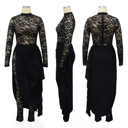Women's sexy lace jumpsuit with imitation silk skirt set