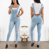 Perforated jeans with shoulder straps