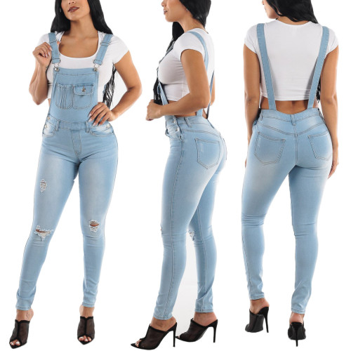 Perforated jeans with shoulder straps