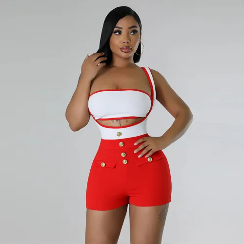 Women's color matching elastic shorts set