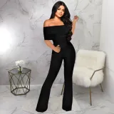 Straight shoulder solid color jumpsuit with waistband