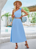 Solid color slanted shoulder waist up dress set