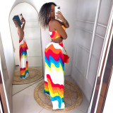 Printed patchwork backless hollow elastic neck hanging long dress