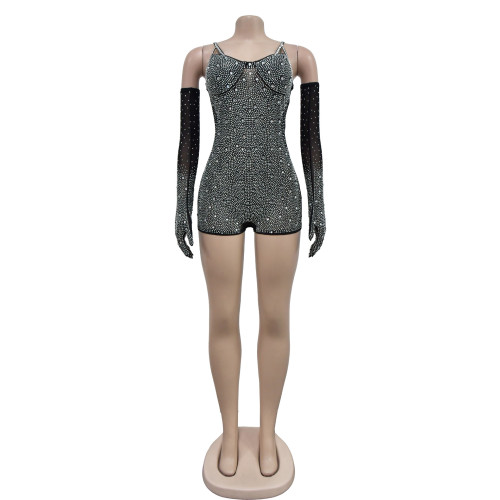 Women's solid color mesh hot diamond perspective shorts jumpsuit