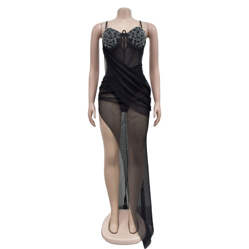 Women's sexy mesh hot diamond suspender long dress dress
