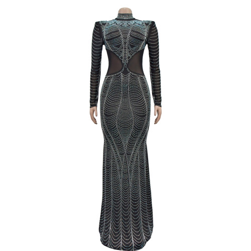 Women's solid color mesh hot diamond long dress