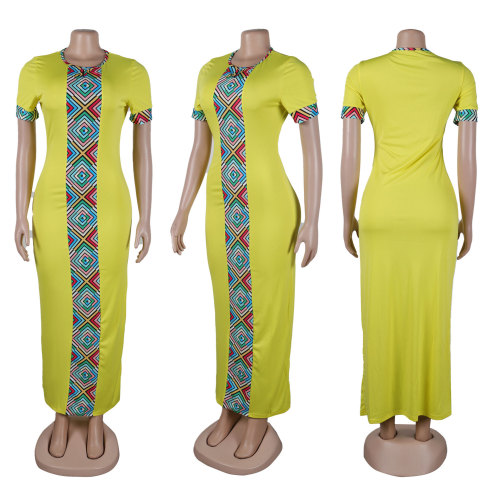 Printed patchwork round neckline hollow wrap buttocks elastic short sleeved dress