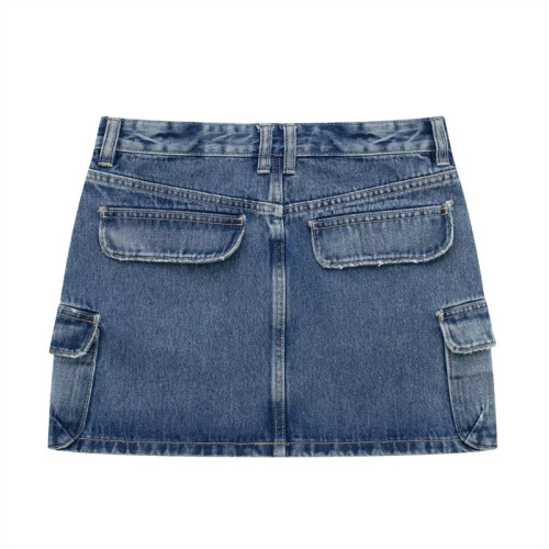 Personalized pocket embellishments high waisted workwear denim skirt