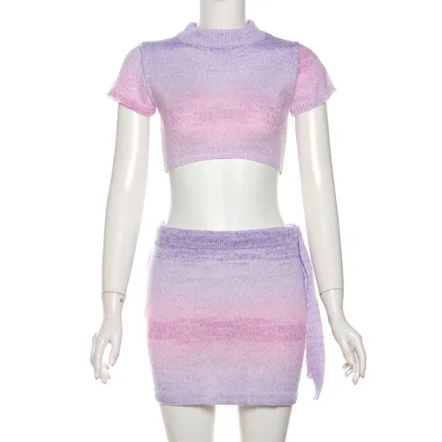 Gradient drawstring high waisted, navel exposed, buttocks wrapped, slim fit short skirt set