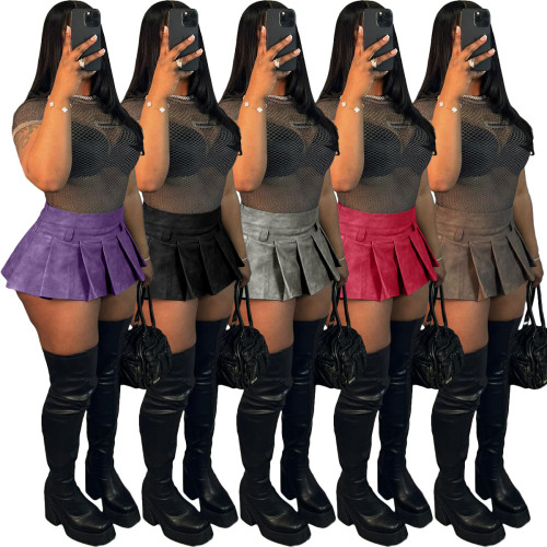 Women's leather sexy solid color zippered pleated ultra short skirt
