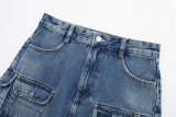 Personalized pocket embellishments high waisted workwear denim skirt