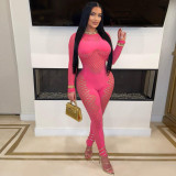 Round neck long sleeved hollowed out knit jumpsuit