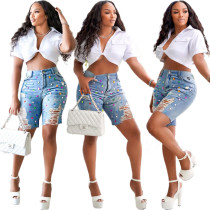 Printed denim shorts