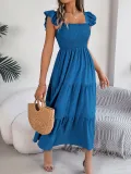 Square necked wooden ear edge waistband A-line long skirt